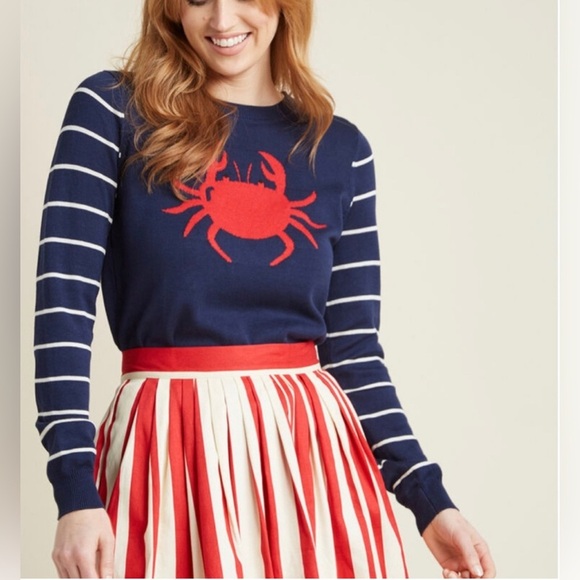 ModCloth Women's S Small Chatty Crabby Crab Knit Sweater Nautical Fitted Blue - Picture 3 of 10